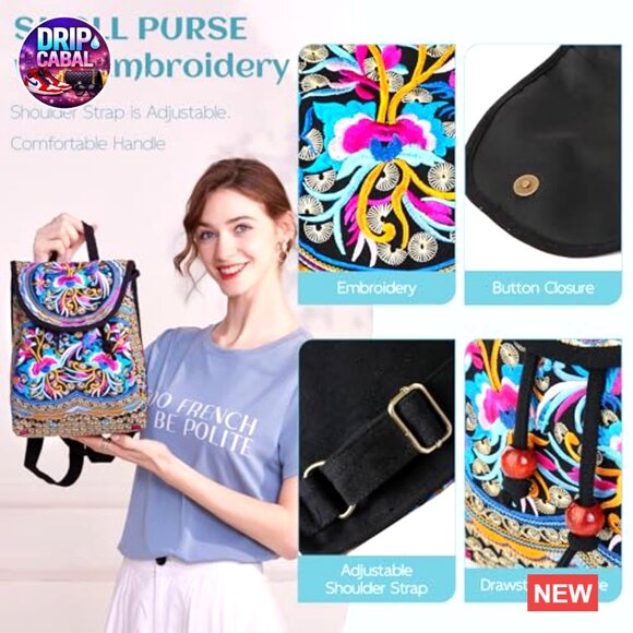 Embroidered Canvas Backpack Purse Boho Elegant Vintage Floral Shoulder Handbag main image 5